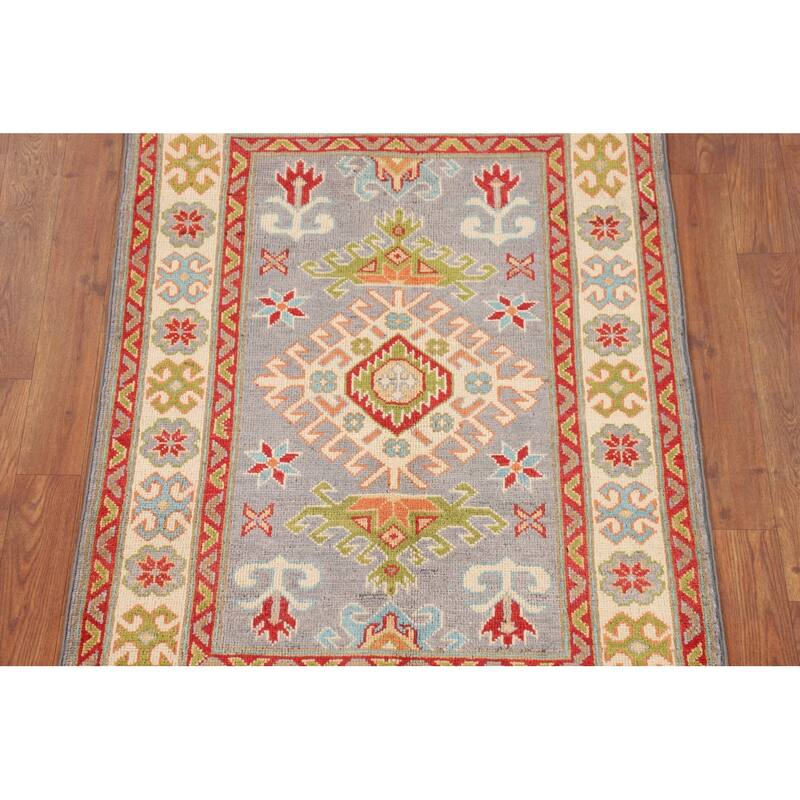 Gray Geometric Kazak Oriental Accent Rug Handmade Wool Carpet - 2'8" x 3'11"