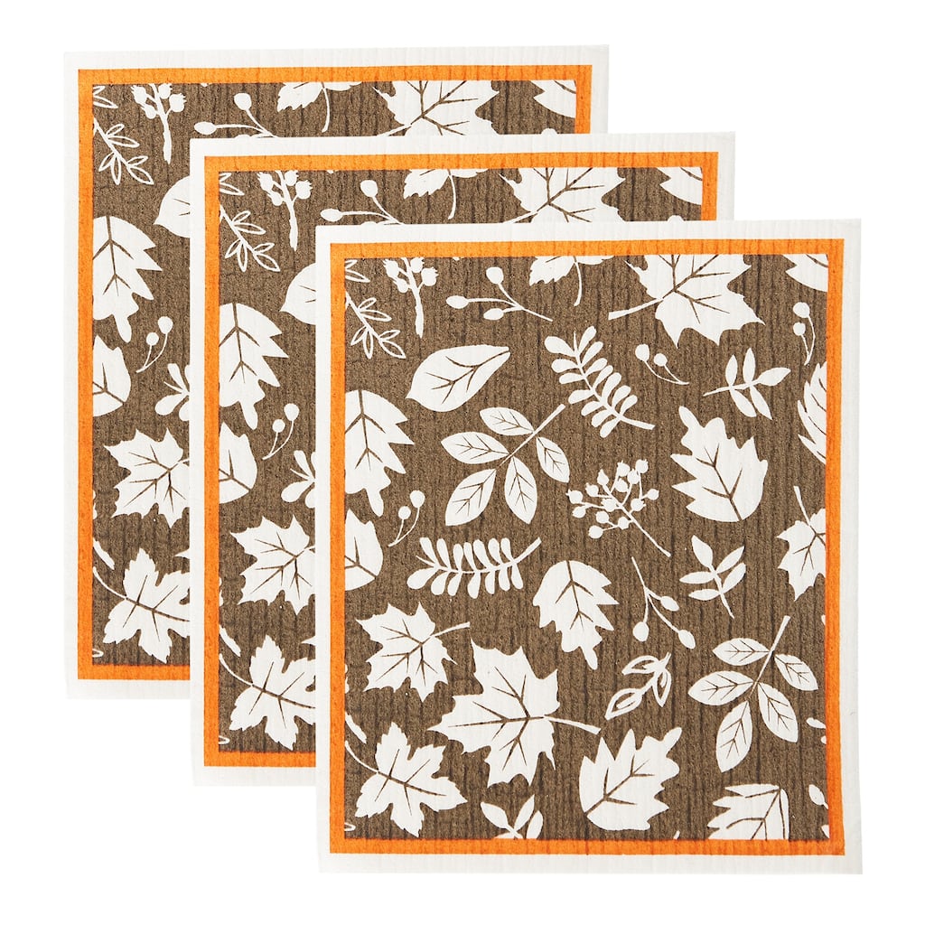 Autumn Leaves Fall Harvest Swedish Dishcloths - 7.75" - Brown and Orange - Set of 3