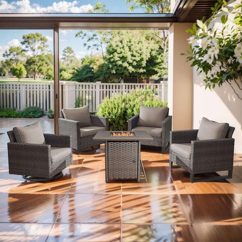 Outdoor Pocassy Glider Chairs Patio Chairs with Fire Table - Brown Wicker Grey Cushion - 5 Pieces Patio Chairs