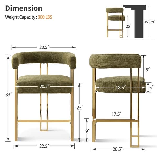 dimension image slide 5 of 6, 25" Seat Height Upholstered Chenille Gold Metal Counter Stool