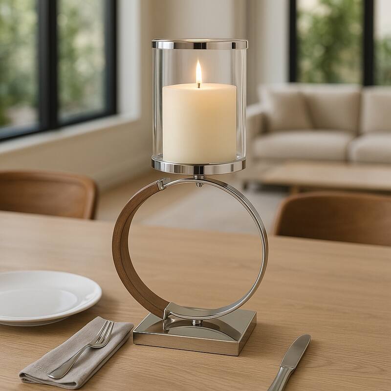Metal Wood Candle Holder Modern Semi Ring Detail for Home Decor - 12" x 5.5" x 21.5"