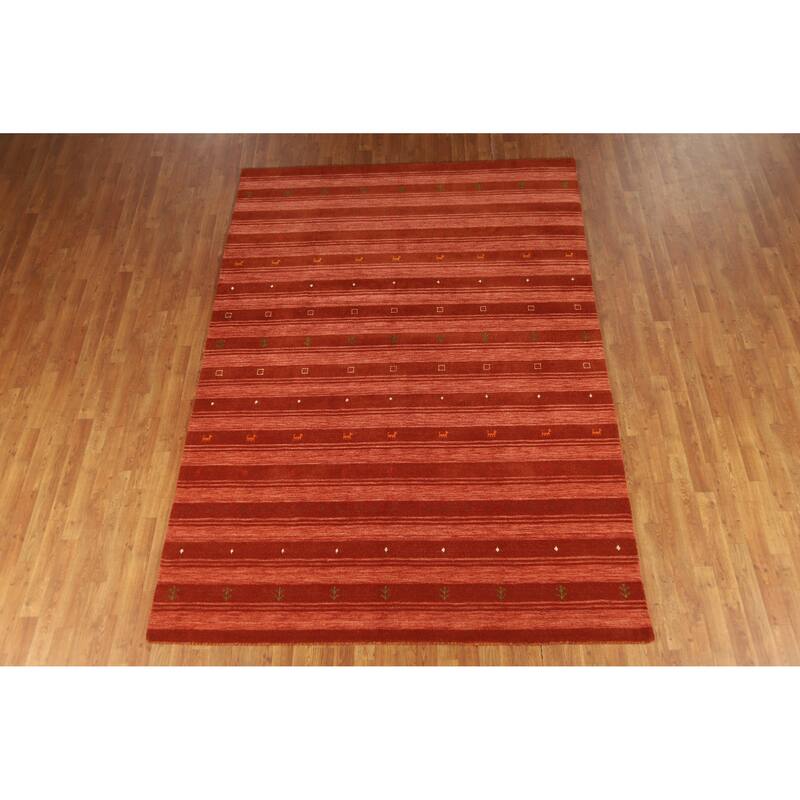 Hand Knotted Oriental 100% Wool Carpet Tribal Stripe Oranges & Rust Gabbeh Area Rug - 9' 9'' X 6' 9''