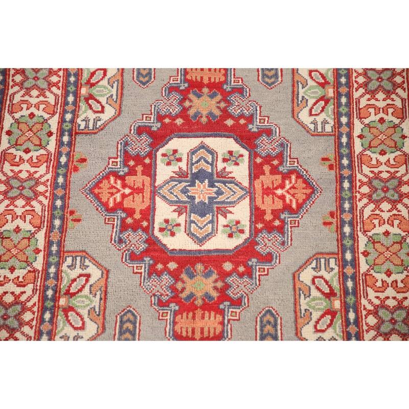 Geometric Kazak Rug Hand-Knotted Grey Wool Carpet - 3'3"x 4'10"