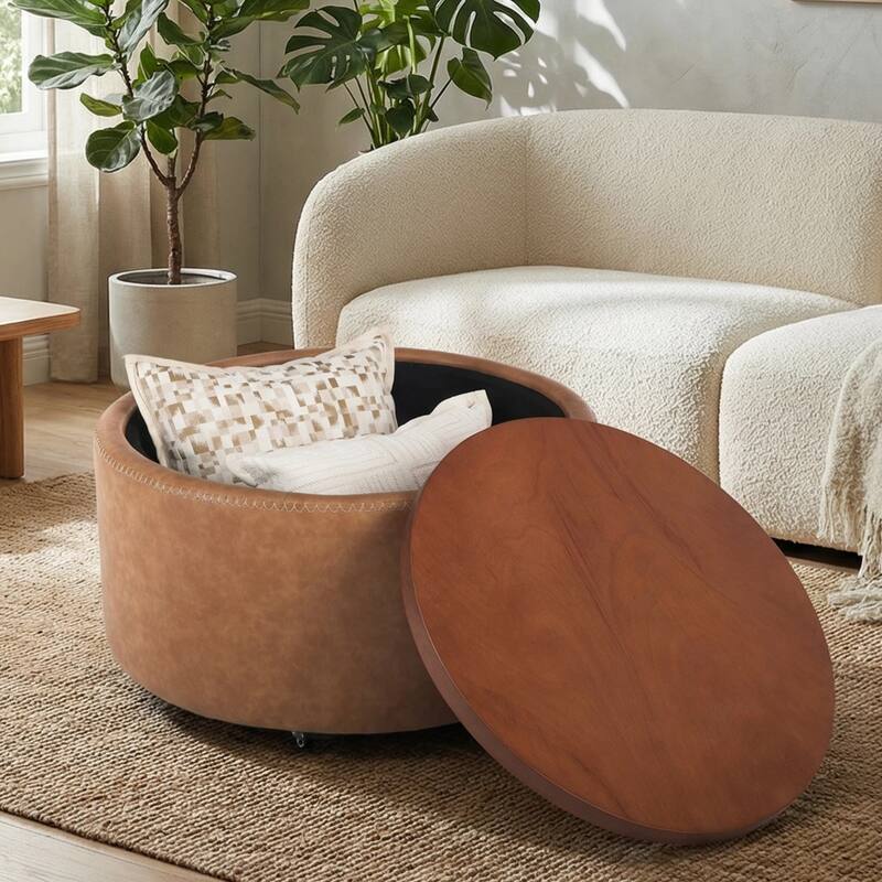Christopher Knight Home - Mollet Modern 30" Round Hidden Storage Ottoman with Removable Wooden Lid & Rolling Wheel Casters