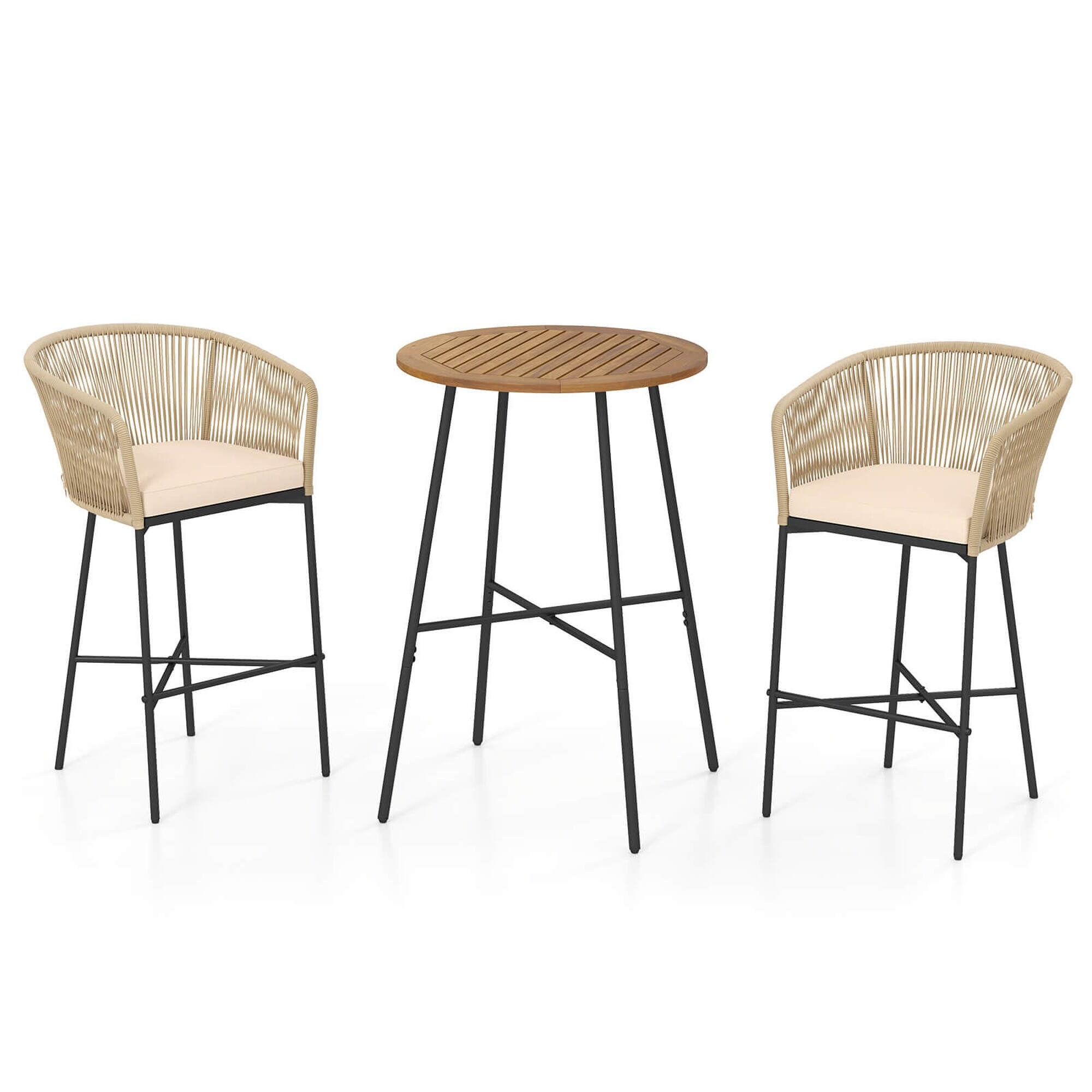 3 PCS Patio Rope Woven Bar Set Outdoor Bar Stool & Table Set