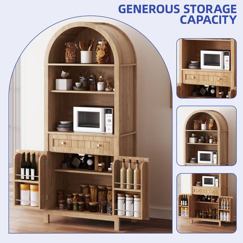 72.8" Tall Farmhouse Arched Kitchen Pantry Storage with Power Outlets and Spice Rack