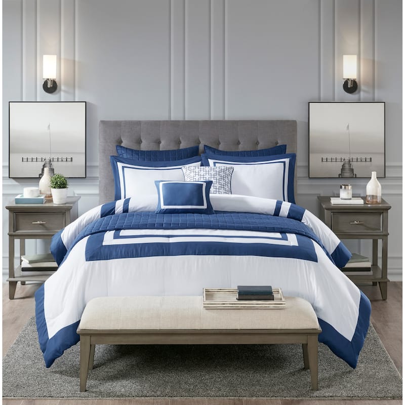 Madison Park Lexington 8 Piece Comforter and Quilt Set Collection - Navy - King - Cal King