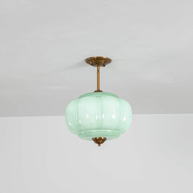 1-Light Retro Antique Brass Pumpkin Shaped Semi-Flush Mount Light/Pendant with Milk/Green Glass for Kitchen, Dining Room