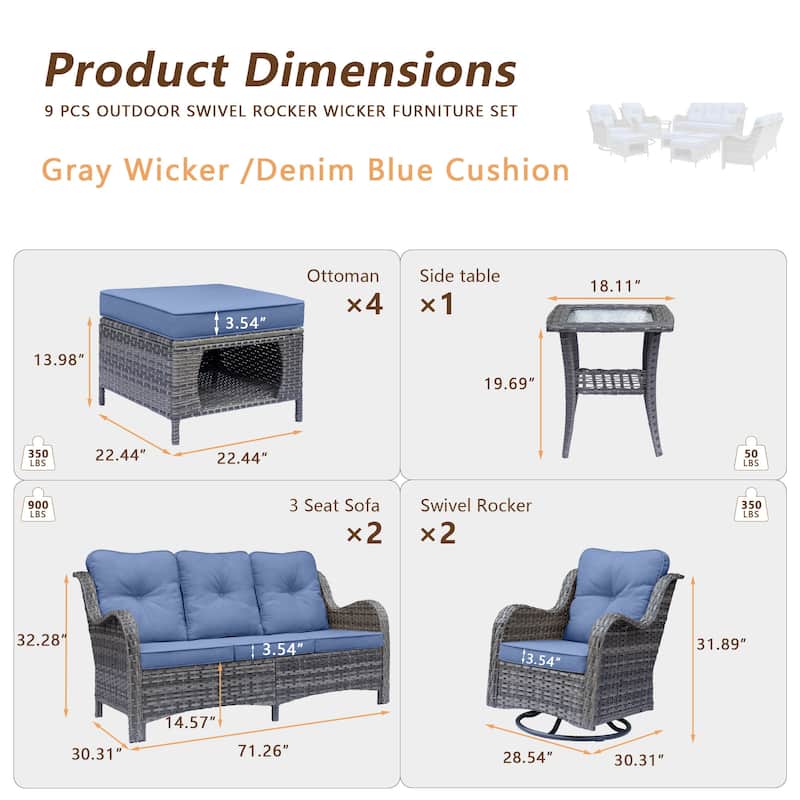 Gray Wicker Rattan Outdoor Patio Furniture Set Swivel Chair with Cushion