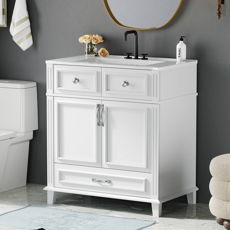 Bathroom Vanity with Resin Sink, Bathroom Cabinet with Soft Closing Doors, Bathroom Vanity Set with Solid Wood Frame
