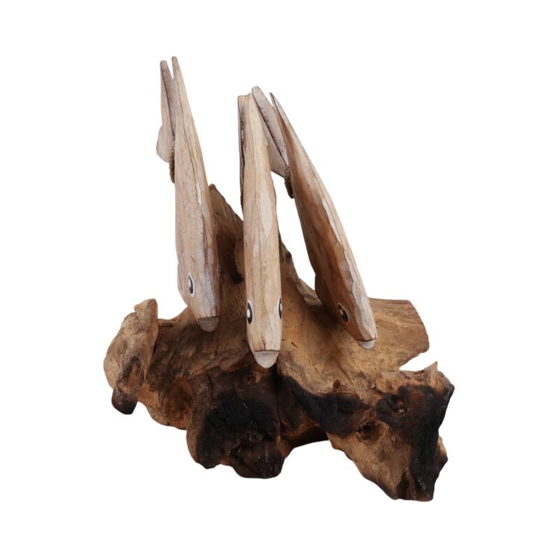 Wood Hand-Carved Fish Figurine Coastal Finish (Set of 2) - 9" Brown - 14" x 7.5" x 8.75"