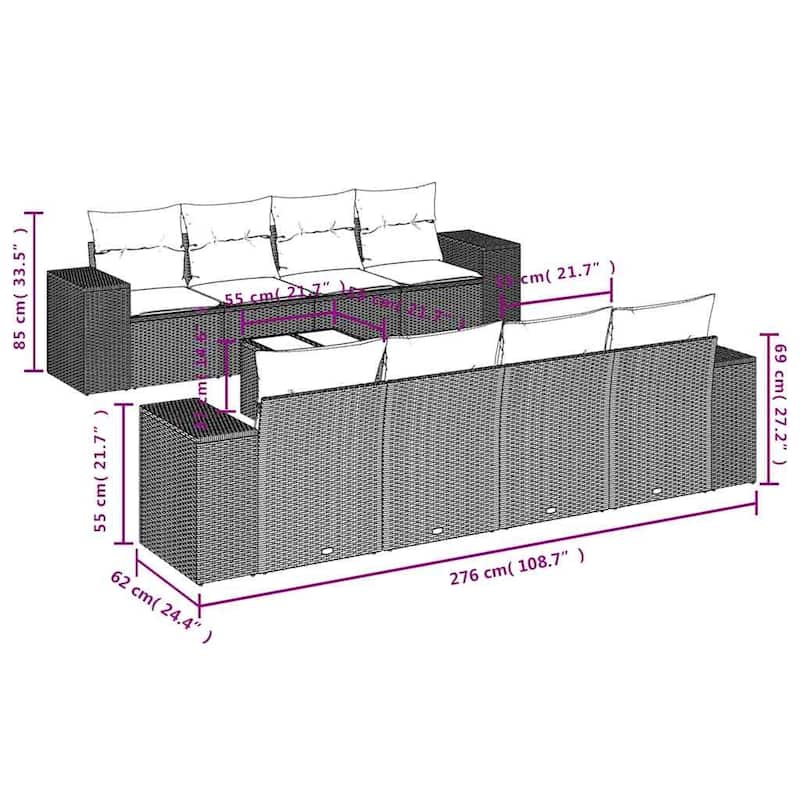 vidaXL 9 Piece Patio Sofa Set with Cushions Black Poly Rattan - 21.7" x 24.4" x 27.2"