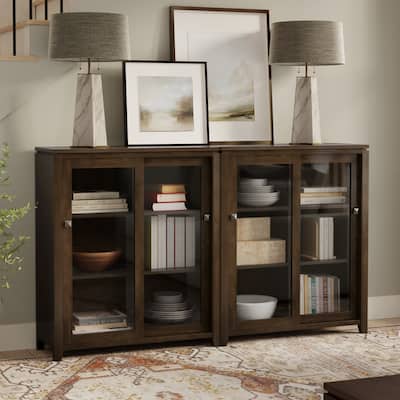 WYNDENHALL Essex Solid Wood 36 inch Storage Cabinet in Mahogany Brown (Set of 2)