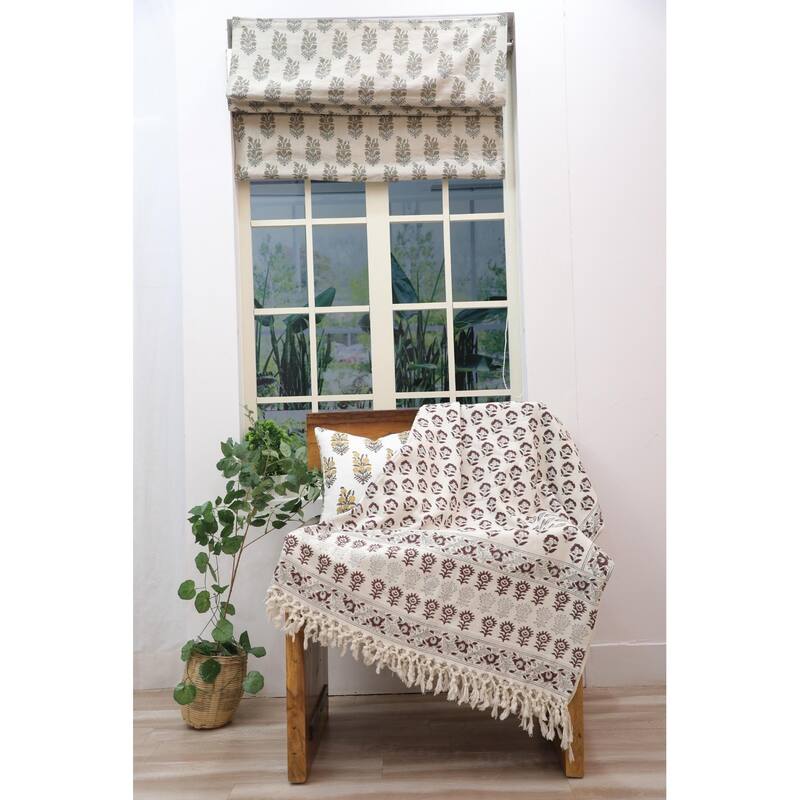 Fabdivine Rohini Handwoven Cotton Blanket- Stylish Block Print Throw for Home Decor & Bed Cover with Handcrafted Fringe, 90"x54"