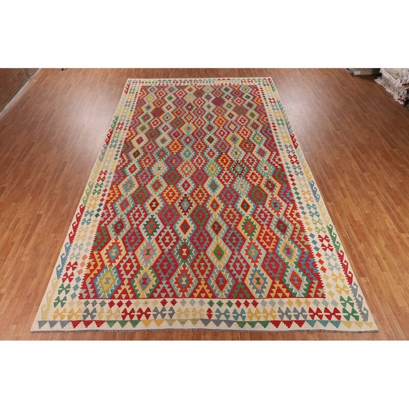 Geometric Multicolor Kilim Oriental Large Rug Flatweave Wool Carpet - 10'1"x 16'4"
