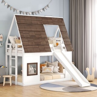 Farmhouse Design Twin Size Wooden Bunk Bed with Build-In Ladder,Roof and 2 Windows on House Bed,Safety Guaranteed
