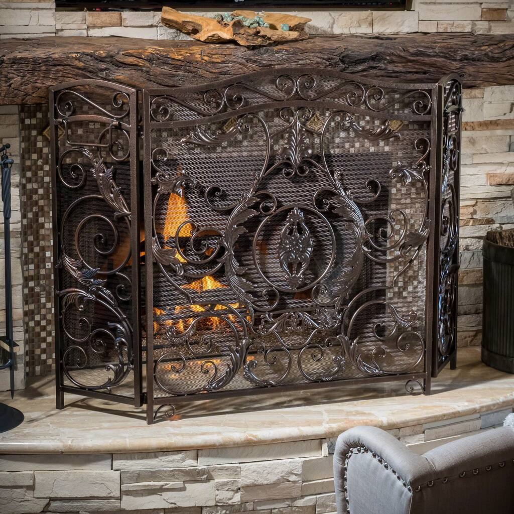 Roomfitters 3-Panel Fireplace Screen, Ornate Scrollwork Spark Guard, Decorative Mesh Metal Fireguard Cover, Black+Gold