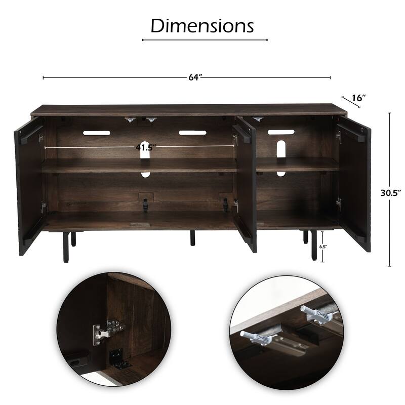 64 Inch Cosmo TV Stand Console, 3-Door Cabinet, Dark Walnut Brown & Black Mango Wood
