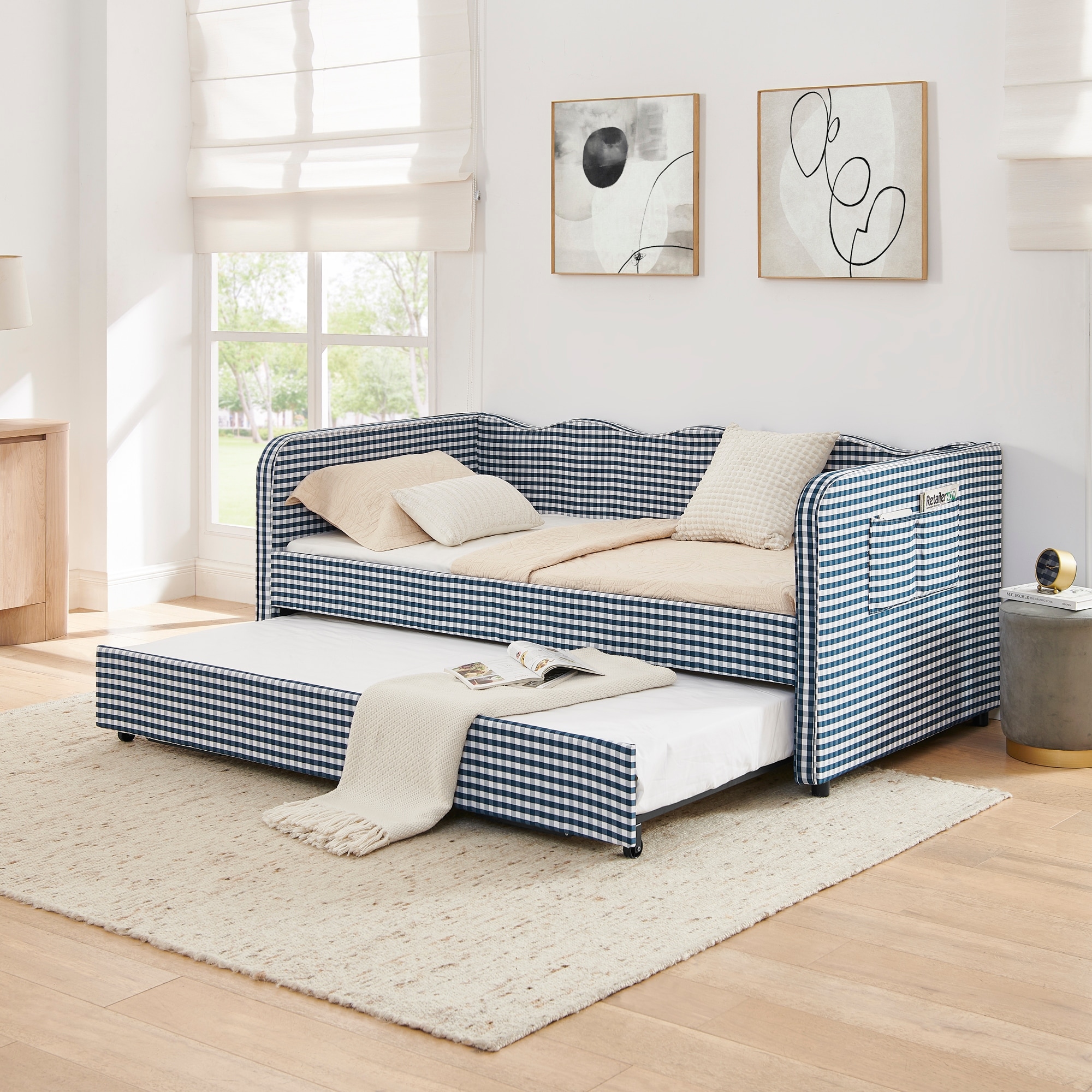 Twin‑Size Daybed, Gingham Upholstered 3‑in‑1 Versatile Convertible Sofa Bed with Pull‑Out Trundle & Side Storage Pockets