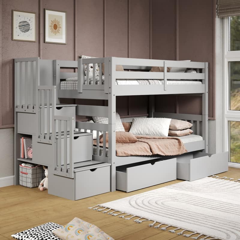 Taylor & Olive Trillium Twin over Twin Stairway Bunk Bed, 2 Drawers - Grey