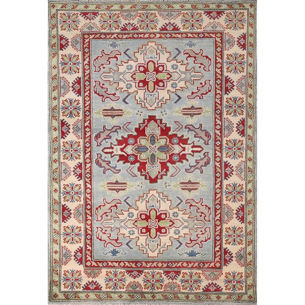 Light Blue Kazak Area Rug Handmade Wool Carpet - 4'0" x 5'11"