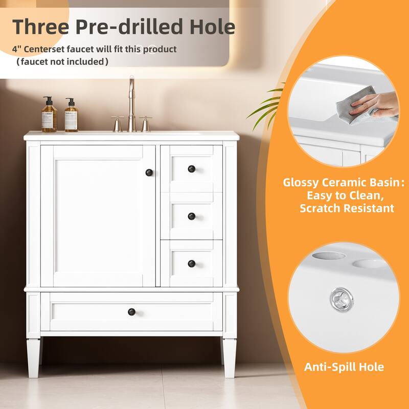 30'' Freestanding Bathroom Vanity with White Integrated Ceramic Sink - 30'' x 18.3'' x 33.78''