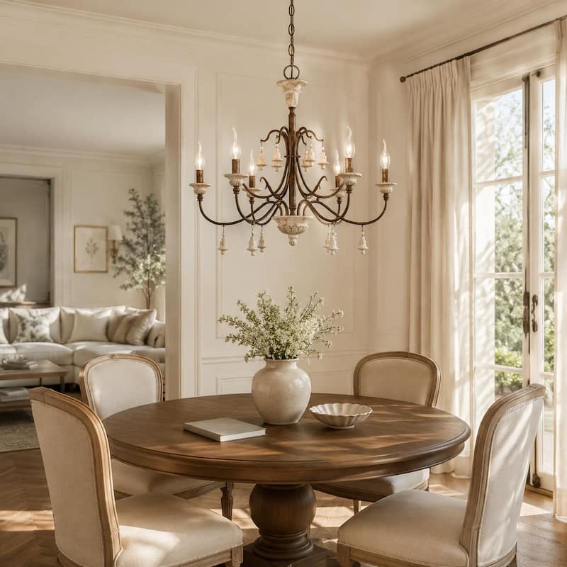 Farmhouse 6-Light Wood Chandelier French Country Candle Ceiling Light for Dining Room - D 26.5" x H 22.5"