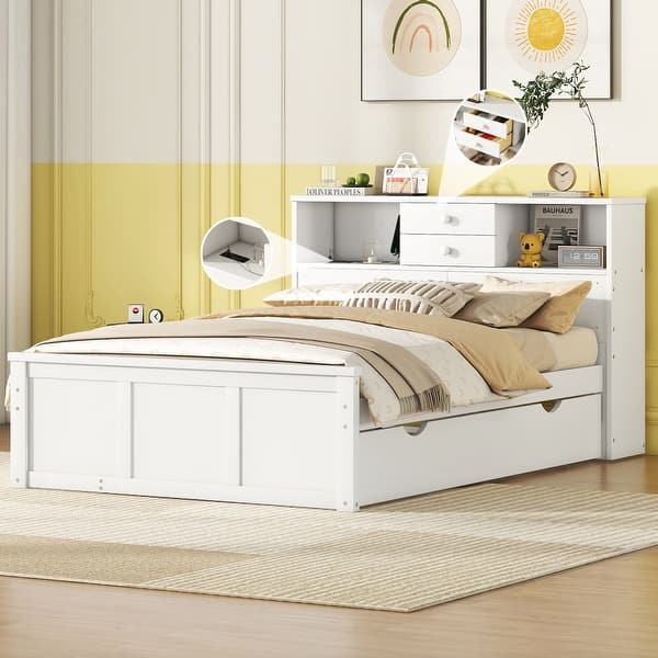 slide 2 of 16, Full Size Wooden Platform Bed with Twin Size Trundle, USB Ports, 3-Drawers & Upper Shelves - Stylish White Design for Bedroom White