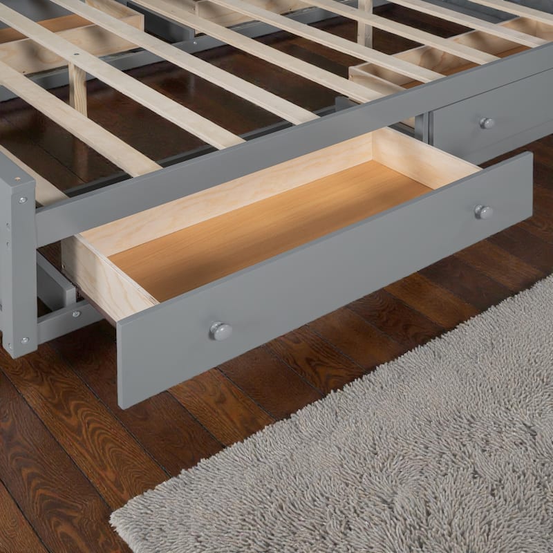 Queen Size Wooden Platform Bed with Storage Drawers, Shelves and Built-In Outlets, All-in-One Headboard Bed