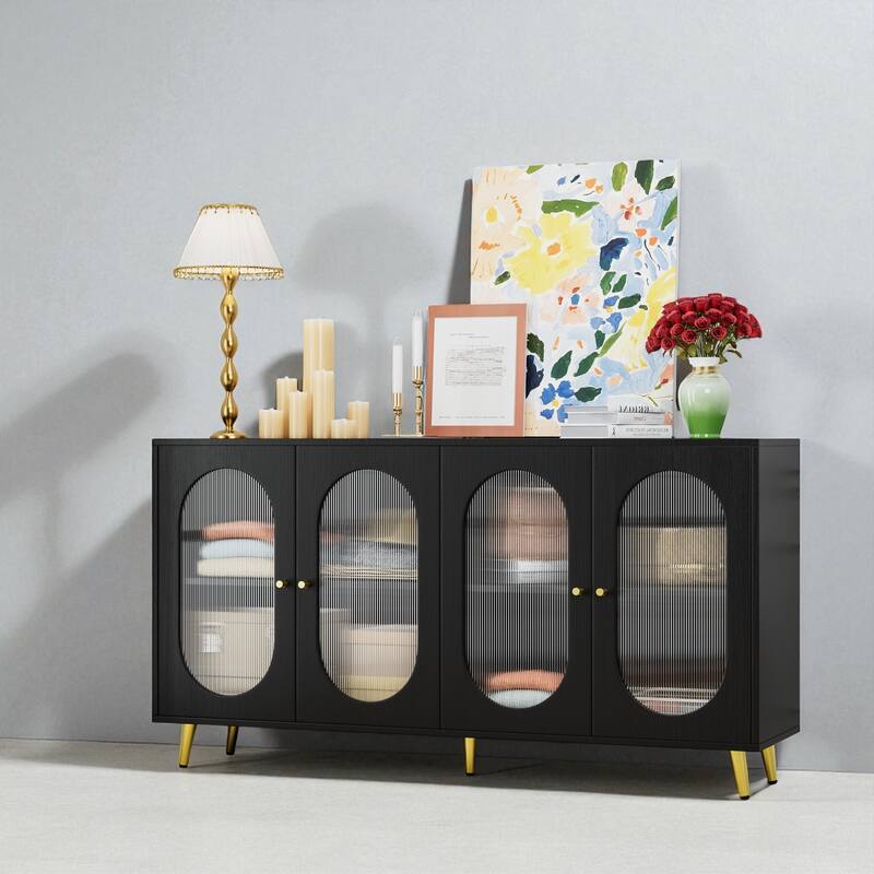 Modern 60" Buffet Cabinet with 4 Acrylic Doors, Adjustable Storage Shelves - Sideboard for Entry, Hallway - Black
