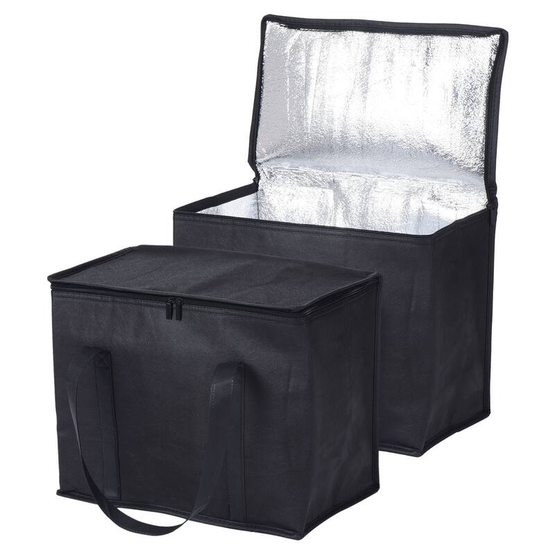 2Pcs Insulated Reusable Grocery Bag Food Delivery Bag with Zipper 16x10x13" - Black