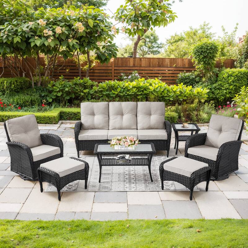 7 Pieces Swivel Chairs Sofa Table Ottomans - Black - Beige