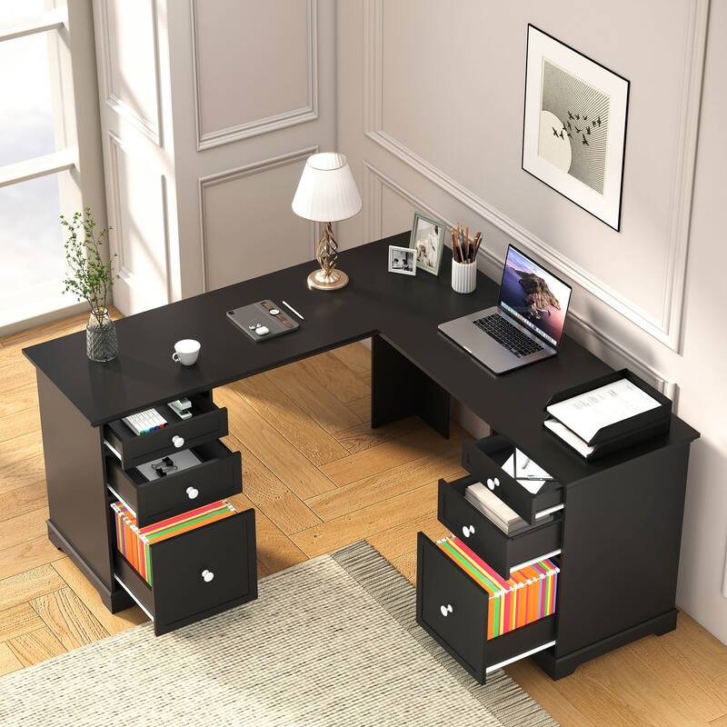 Farmhouse L Shaped Executive Desk Home Office Desk with File Drawer