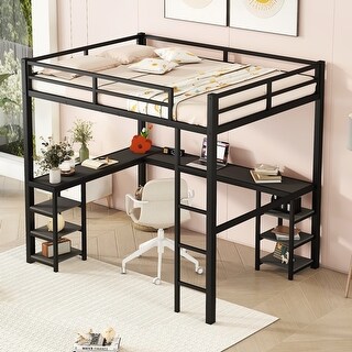 Full Size Metal Loft Bed with Built-in Desk and Open Shelves, Bed with Built-in Ladder and Guardrails