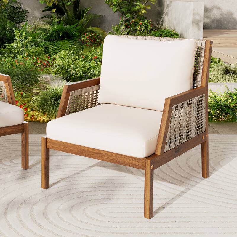 Roomfitters Acacia Wood Outdoor Club Chair with Wicker Accents, Deep Seating, Teak and Mix Brown