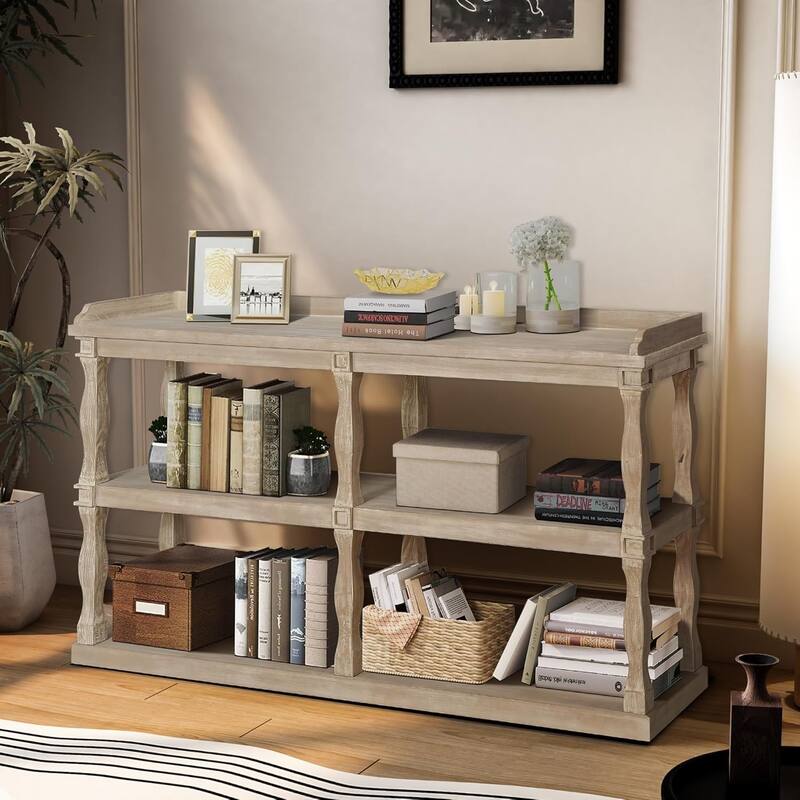 Roomfitters Console Table with 3-Tier Open Storage Spaces and Roman Column Effect Support Legs