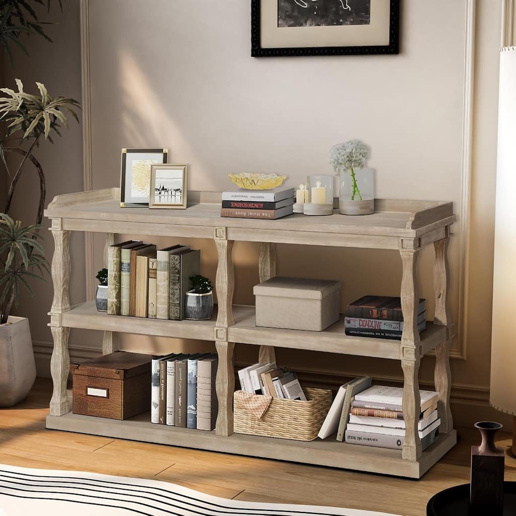 Roomfitters Console Table with 3-Tier Open Storage Spaces and Roman Column Effect Support Legs