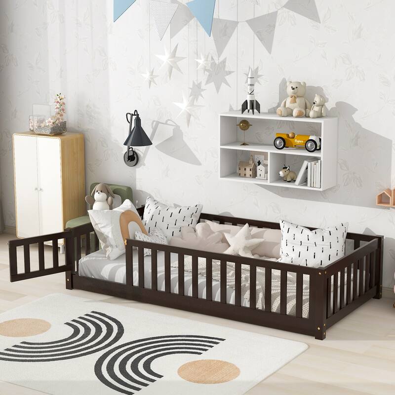 Floor Platform Bed with Fence Guardrails and Door