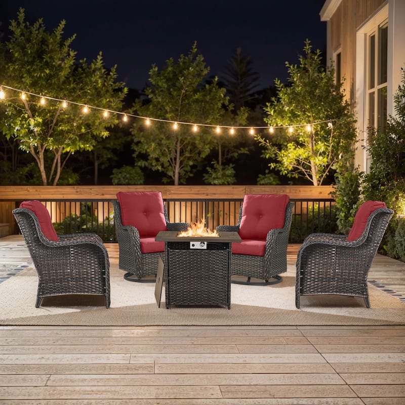 Pocassy 5 Pieces Outdoor Patio Chairs with Fire Pit Table - Brown Wicker Red Cushion - 7 Pieces Chairs with Fire Table