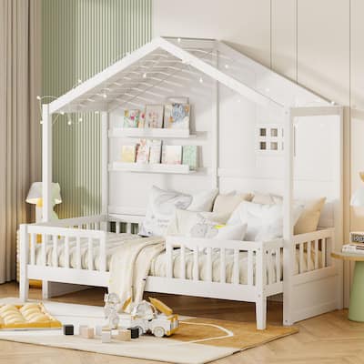 House Bed with Shelves, Window and Sparkling Light Strip on the Roof