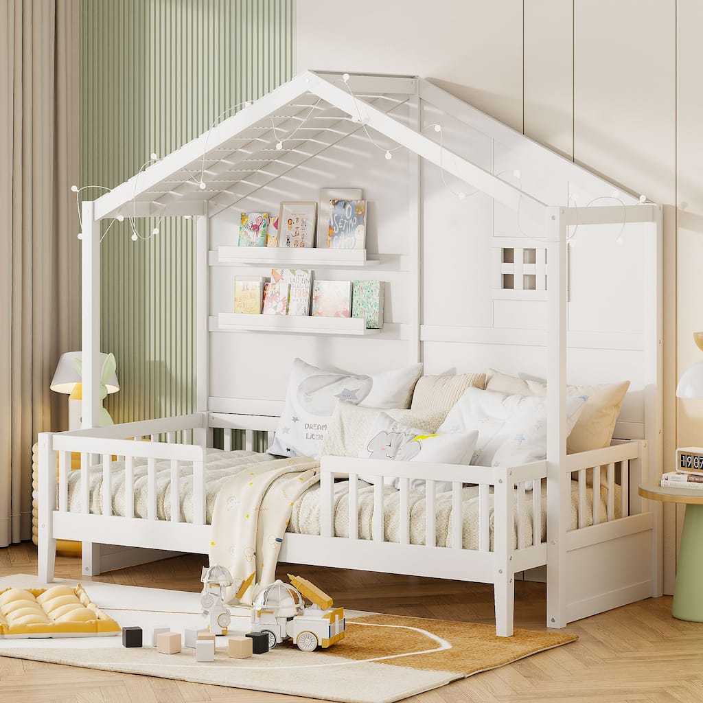 Twin House Bed with Window, Roof Light Strip, and Storage Shelves, Pine Wood Construction