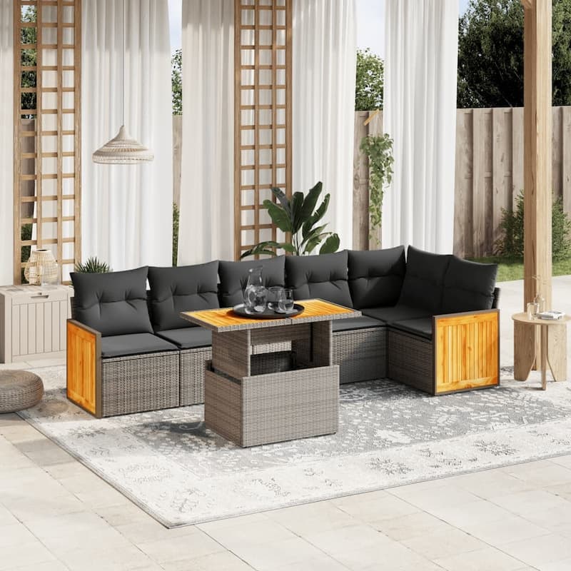 vidaXL Patio Sofa Set with Cushions Outdoor Furniture 7 Piece Poly Rattan - 21.7 x 39.4 x 28.7 in - Grey