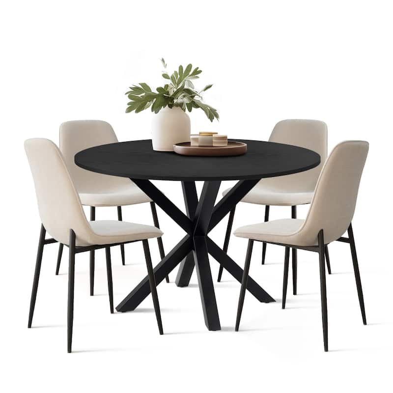 Round Dining Table Set for 4 with Upholstered Chairs and Pedestal Base - Beige