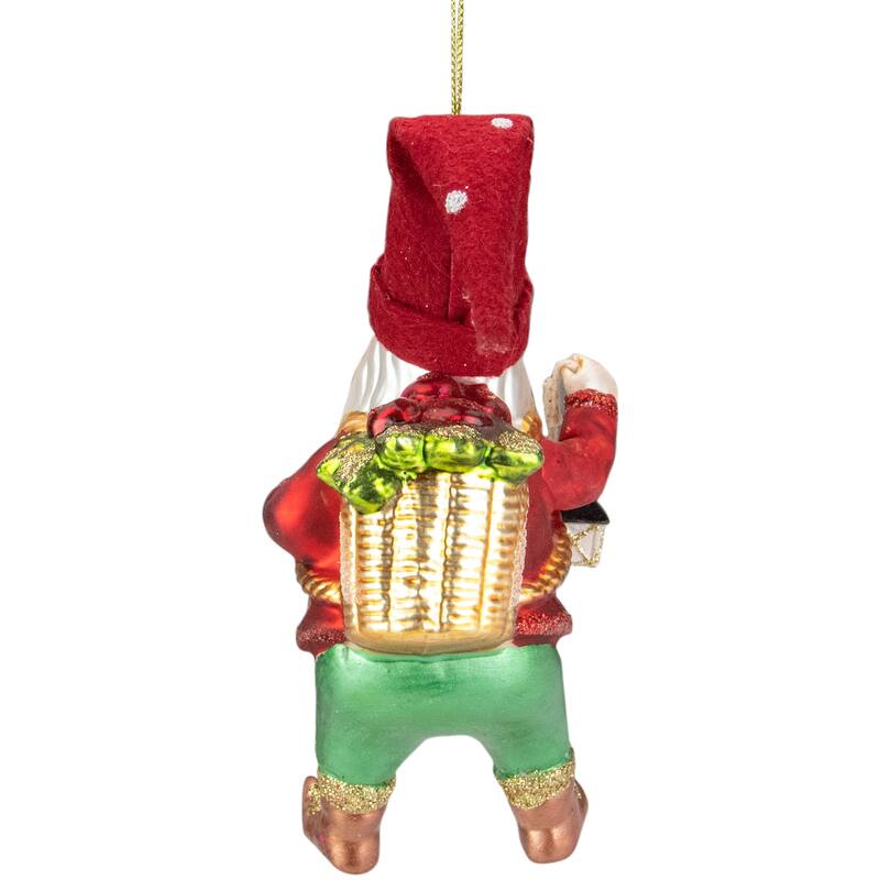 6" Gold Red Gnome with Lantern Flower Basket Glass Christmas Ornament