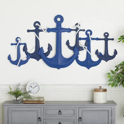 Blue Metal Indoor Outdoor Anchor Home Wall Decor with White Rope Detailing