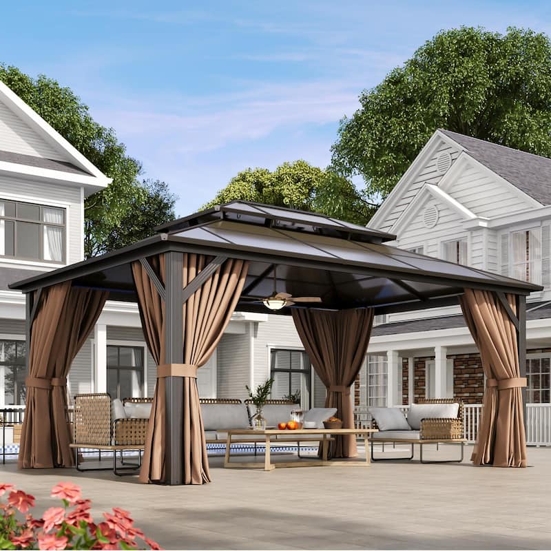 Hardtop Gazebo, Aluminum Frame Permanent Pavilion with Curtains and Netting - 16'x12' - Brown