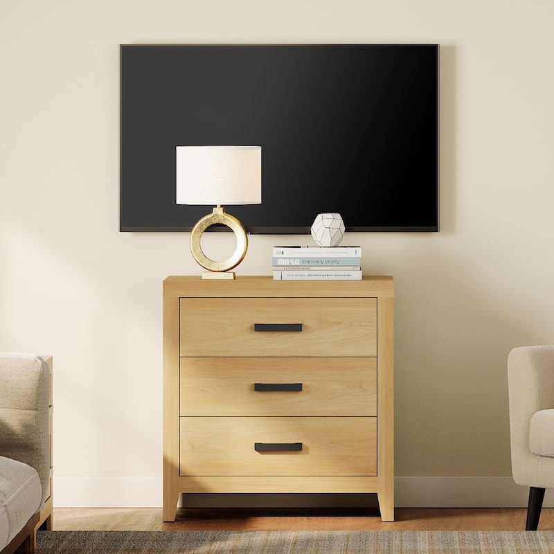 WAMPAT Farmhouse Nightstand with 3 Drawers, Large Wood Bedside Table