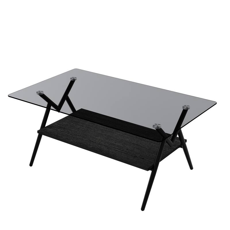 Rectangle Coffee Table with Tempered Glass Top and Shelf