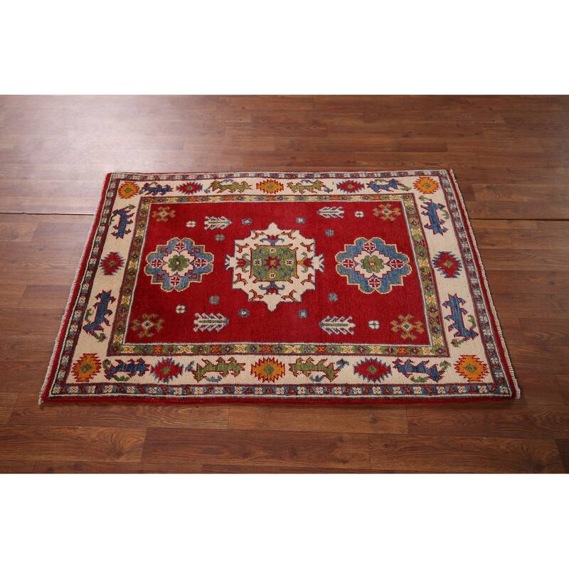 Red Kazak Accent Rug Handmade Oriental Wool Carpet - 2'10" x 4'0"