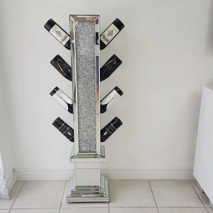 Modern Floor Wine Racks Freestanding, Home Furniture Decorative with Sparkling Crushed Diamonds, Hold for 8 Bottles - Silver